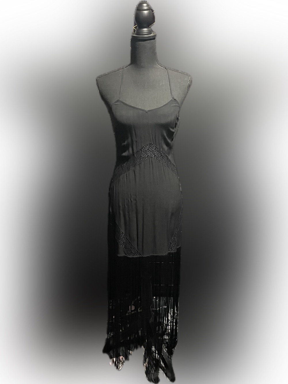 Divided Black Backless Fringe Slip Dress